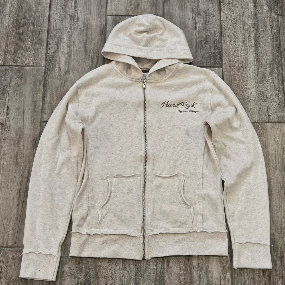 Hard Rock Riviera Maya Zip Hoodie Womens Size M‎ Cream Graphic Raw Edge Y2K Vaca